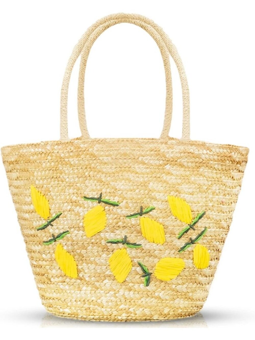 Handwoven Summer Straw Beach Bag, Vintage Lemon Embroidery Rattan Tote for
